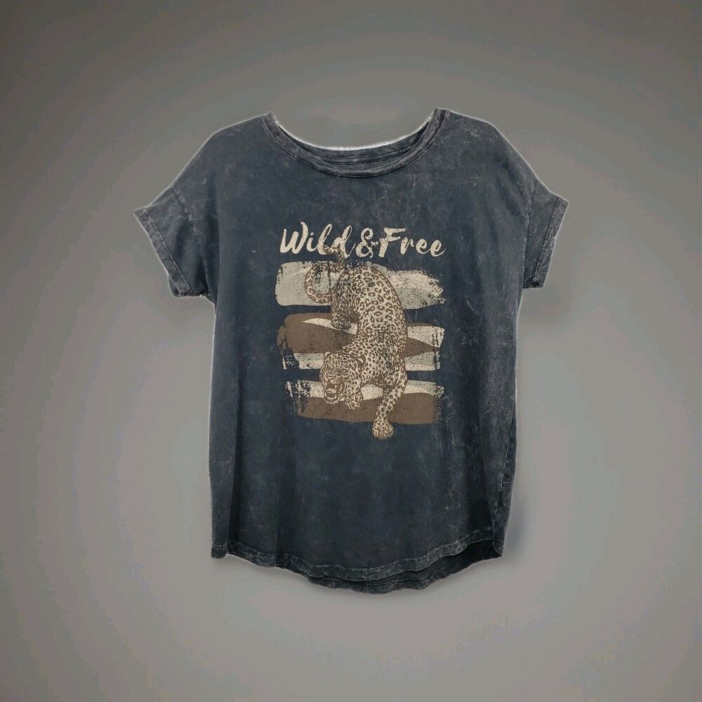 Vintage Canvas T-Shirt Size S Black Acid Wash Wild & Free Leopard Graphic Grunge